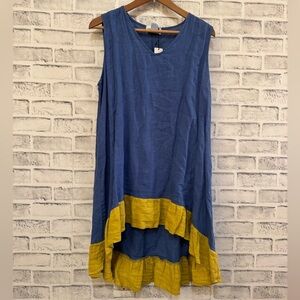 NWT! Women’s Camille & Co. blue and yellow 100% linen sleeveless dress size M